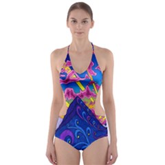 Psychedelic Colorful Lines Nature Mountain Trees Snowy Peak Moon Sun Rays Hill Road Artwork Stars Cut-out One Piece Swimsuit by Simbadda