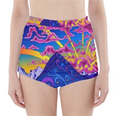 Psychedelic Colorful Lines Nature Mountain Trees Snowy Peak Moon Sun Rays Hill Road Artwork Stars High-waisted Bikini Bottoms by Simbadda