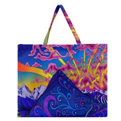 Psychedelic Colorful Lines Nature Mountain Trees Snowy Peak Moon Sun Rays Hill Road Artwork Stars Zipper Large Tote Bag by Simbadda