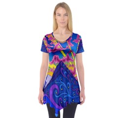 Psychedelic Colorful Lines Nature Mountain Trees Snowy Peak Moon Sun Rays Hill Road Artwork Stars Short Sleeve Tunic  by Simbadda