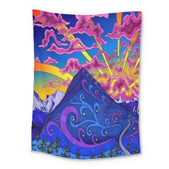 Psychedelic Colorful Lines Nature Mountain Trees Snowy Peak Moon Sun Rays Hill Road Artwork Stars Medium Tapestry by Simbadda