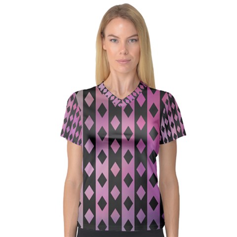 Old Version Plaid Triangle Chevron Wave Line Cplor  Purple Black Pink Women s V-neck Sport Mesh Tee by Alisyart