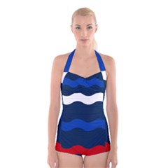 Wave Line Waves Blue White Red Flag Boyleg Halter Swimsuit 