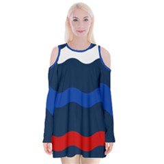 Wave Line Waves Blue White Red Flag Velvet Long Sleeve Shoulder Cutout Dress by Alisyart