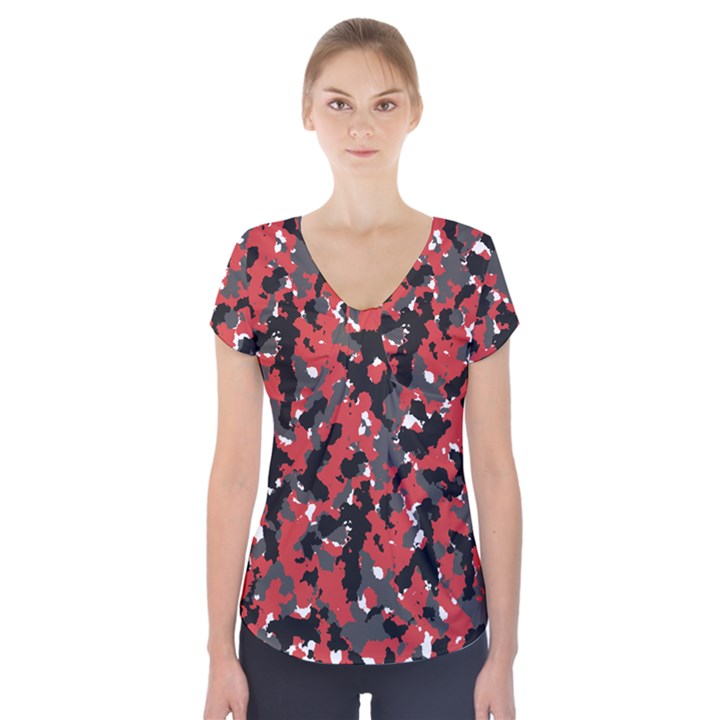 Spot Camuflase Red Black Short Sleeve Front Detail Top