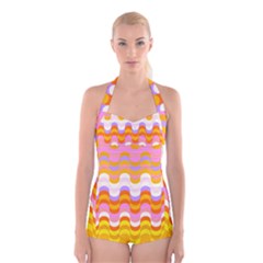 Dna Early Childhood Wave Chevron Rainbow Color Boyleg Halter Swimsuit  by Alisyart