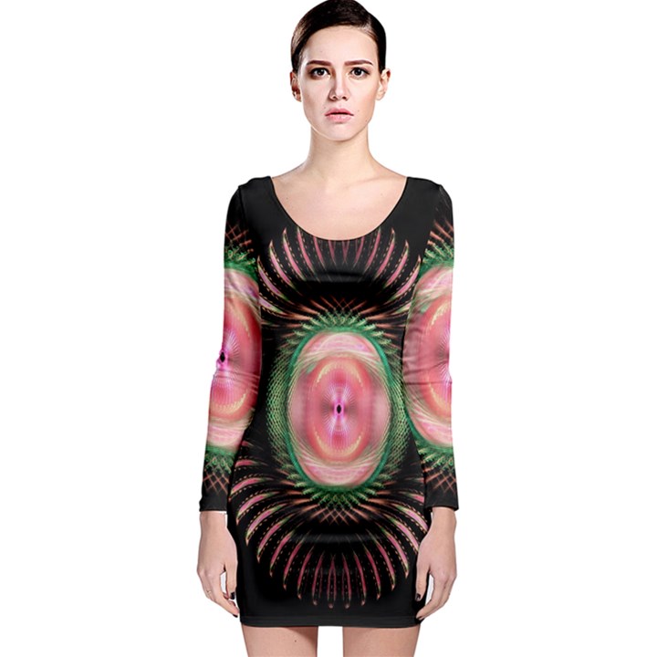 Fractal Plate Like Image In Pink Green And Other Colours Long Sleeve Bodycon Dress