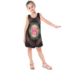 Fractal Plate Like Image In Pink Green And Other Colours Kids  Sleeveless Dress by Simbadda