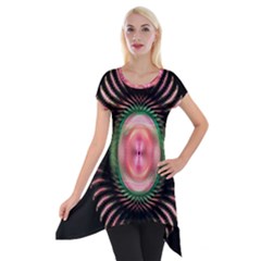 Fractal Plate Like Image In Pink Green And Other Colours Short Sleeve Side Drop Tunic by Simbadda