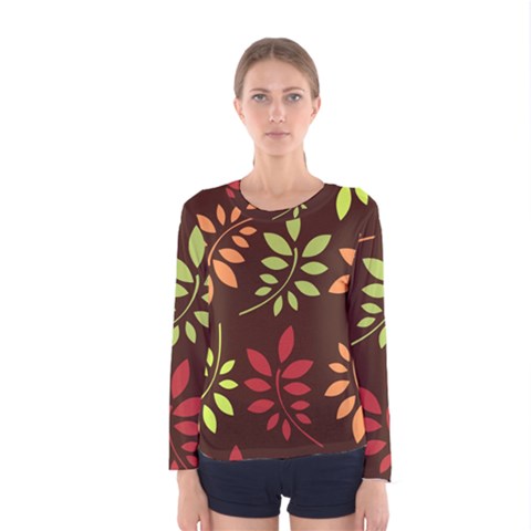 Leaves Wallpaper Pattern Seamless Autumn Colors Leaf Background Women s Long Sleeve Tee by Simbadda