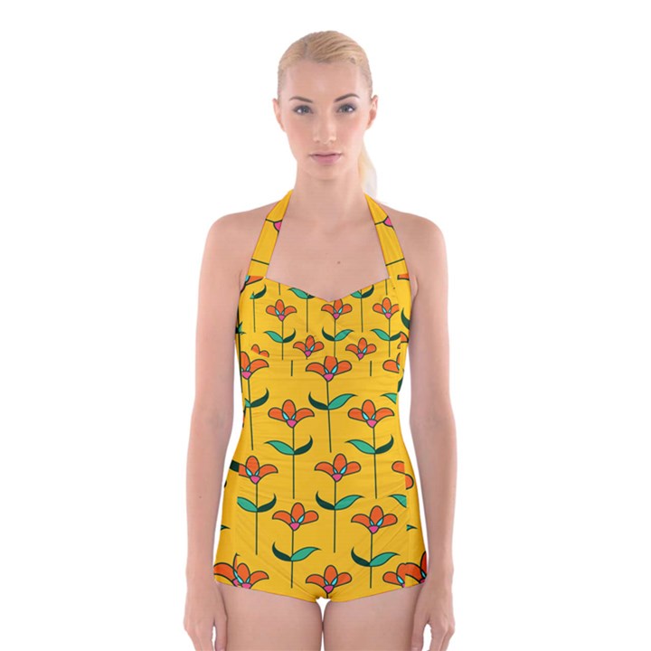 Small Flowers Pattern Floral Seamless Vector Boyleg Halter Swimsuit 