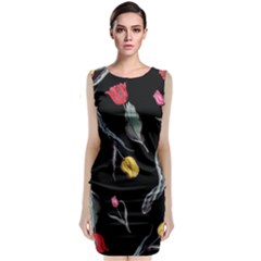 Colorful Tulip Wallpaper Pattern Background Pattern Wallpaper Sleeveless Velvet Midi Dress by Simbadda