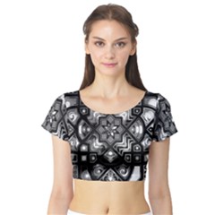 Geometric Line Art Background In Black And White Short Sleeve Crop Top (Tight Fit)