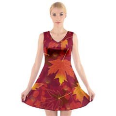 Autumn Leaves Fall Maple V-Neck Sleeveless Skater Dress