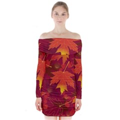 Autumn Leaves Fall Maple Long Sleeve Off Shoulder Dress