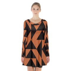 Brown Triangles Background Long Sleeve Velvet V-neck Dress by Simbadda