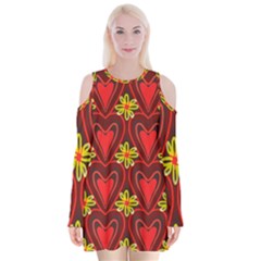 Digitally Created Seamless Love Heart Pattern Tile Velvet Long Sleeve Shoulder Cutout Dress by Simbadda