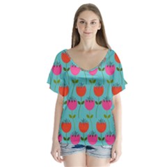 Tulips Floral Background Pattern Flutter Sleeve Top by Simbadda