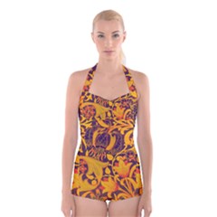 Floral pattern Boyleg Halter Swimsuit 