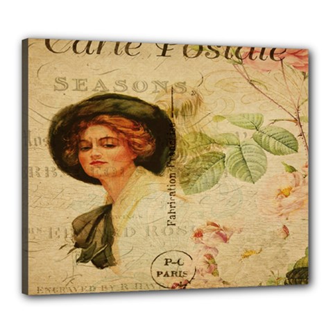 Lady On Vintage Postcard Vintage Floral French Postcard With Face Of Glamorous Woman Illustration Canvas 24  X 20  by Simbadda