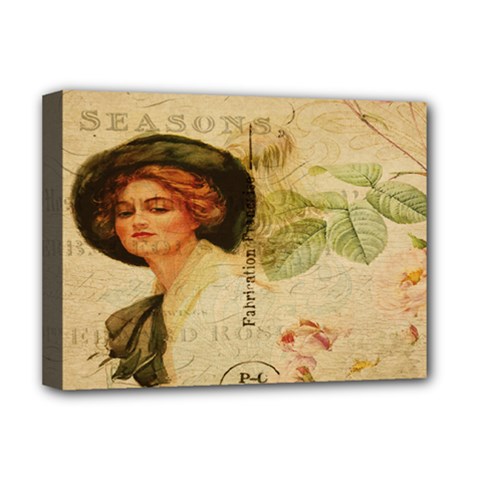 Lady On Vintage Postcard Vintage Floral French Postcard With Face Of Glamorous Woman Illustration Deluxe Canvas 16  X 12   by Simbadda