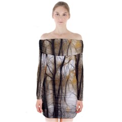 Fall Forest Artistic Background Long Sleeve Off Shoulder Dress by Simbadda