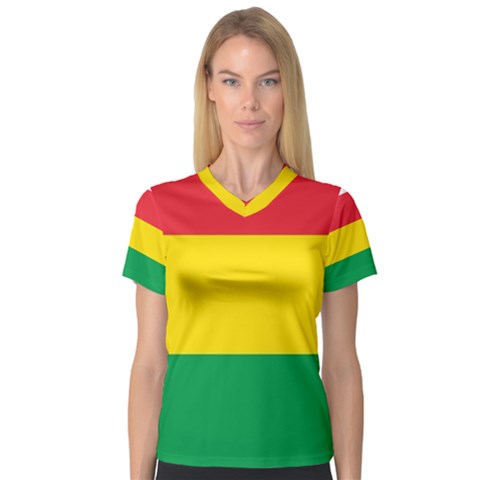 Rasta Colors Red Yellow Gld Green Stripes Pattern Ethiopia Women s V-neck Sport Mesh Tee by yoursparklingshop