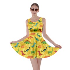 Yellow Cartoon Dinosaur Pattern Skater Dress