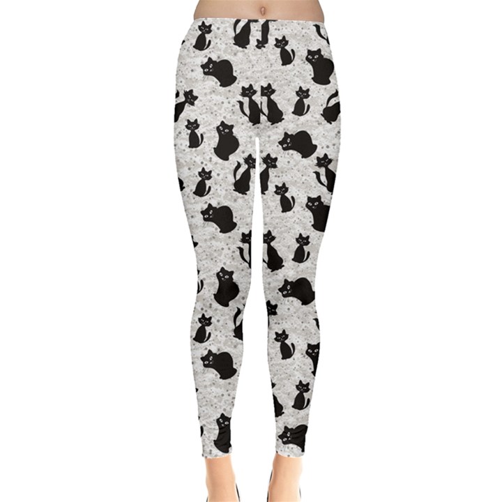 Gray Cartoon Cats Black Silhouettes with White Women s Leggings