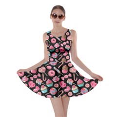 Black Yummy Colorful Sweet Lollipop Candy Macaroon Cupcake Donut Seamless Skater Dress 