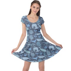 Blue Cute Doodle Blue Whales Marine Seamless Cap Sleeve Dress