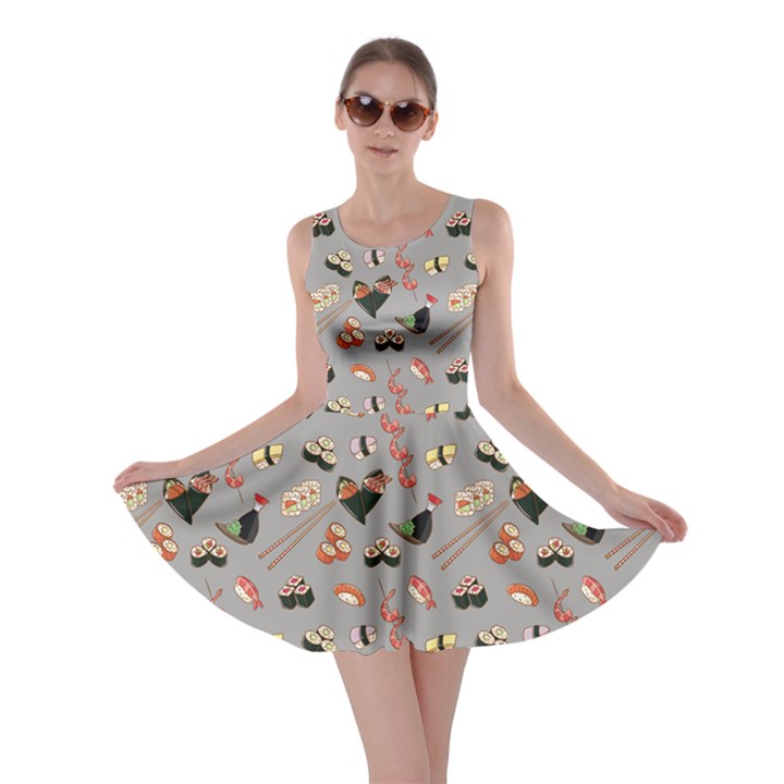 Gray Japanese Food Sushi Pattern Skater Dress 