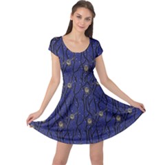 Blue Pattern Owls In The Night Forest Cap Sleeve Dress