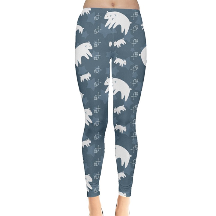 Blue Polar Bears Family on Night Sky Pattern Women s Leggings