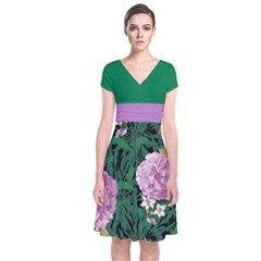 Green Floral Short Sleeve Front Wrap Dress