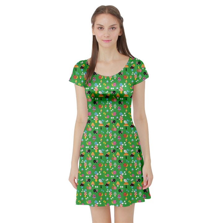 Green Snails Mushrooms Pattern Short Sleeve Skater Dress