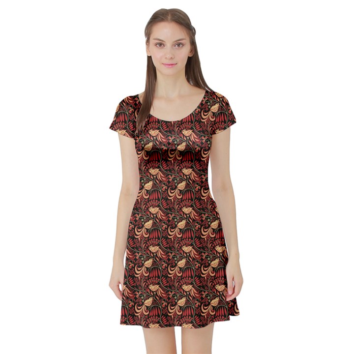 Red Pattern In The Russian Traditional Style Short Sleeve Skater Dress