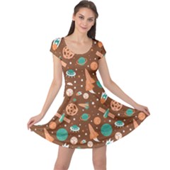 Brown Pattern With Planets Ships And Stars In Vintage Flat Style Cap Sleeve Dress