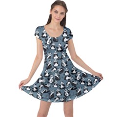 Blue Set Cartoon Funny Panda On A Blue Animal Pattern Cap Sleeve Dress