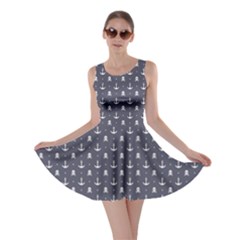 Blue Pattern Anchors And Skulls Skater Dress