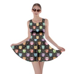 Black Pattern With Colorful Owls On Dark Skater Dress by CoolDesigns