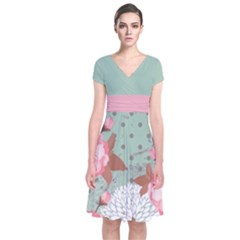 Light Green Blossom Japanese Style Cherry Blossom Short Sleeve Front Wrap Dress