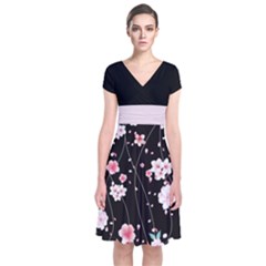 Dark Blossom 2 Japanese Style Cherry Blossom Short Sleeve Front Wrap Dress