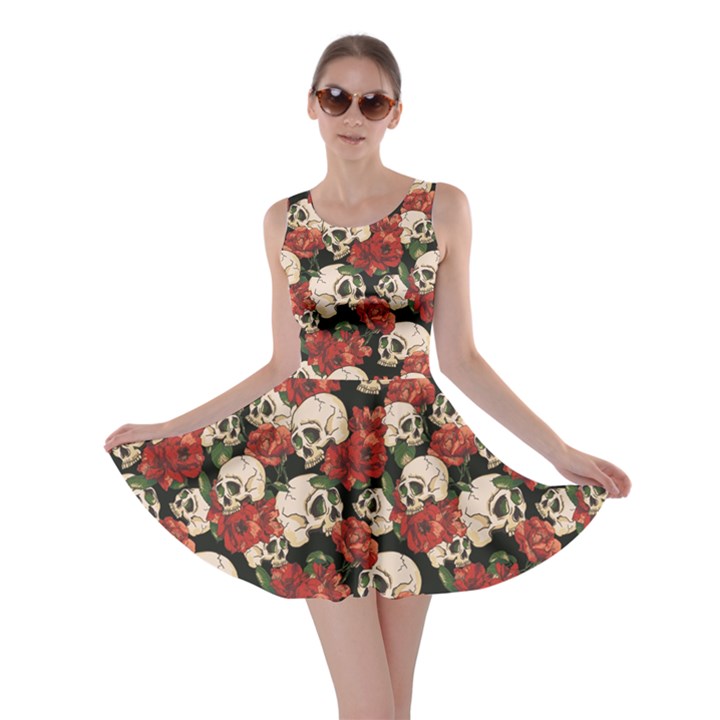 Brown Skull and Flowers Day of the Dead Vintage Skater Dress