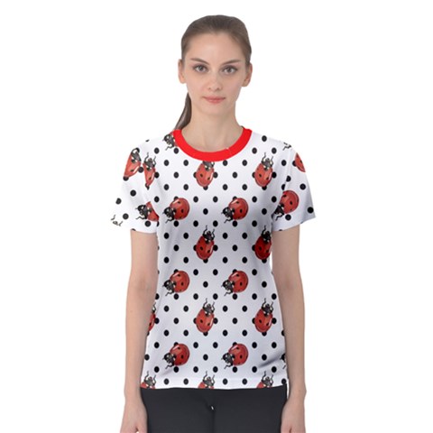 Red Ladybugs Black Polka Dots Pattern Women s Sport Mesh Tee by CoolDesigns