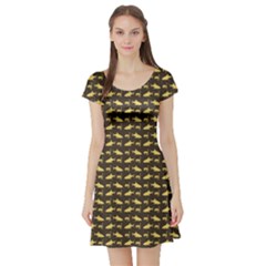 Brown Image Of Sharks And Underwater Masks Short Sleeve Skater Dress