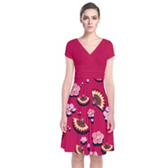 Blossom Red Japanese Style Cherry Blossom Short Sleeve Front Wrap Dress