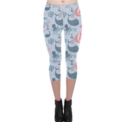 Blue Pattern With Cute Whales Sailing Octopus Capri Leggings by CoolDesigns