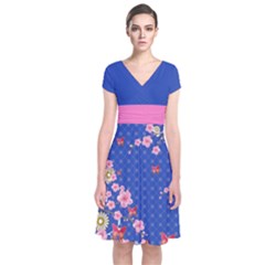 Blue Blossom Japanese Style Cherry Blossom Short Sleeve Front Wrap Dress