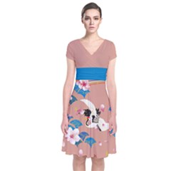 Crane Coral Japanese Style Cherry Blossom Short Sleeve Front Wrap Dress